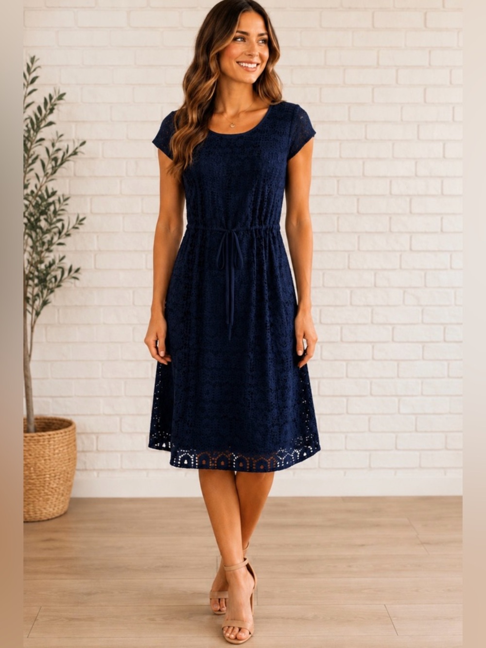NWOT!! Navy Lace Tie-Waist Cap Sleeve Dress